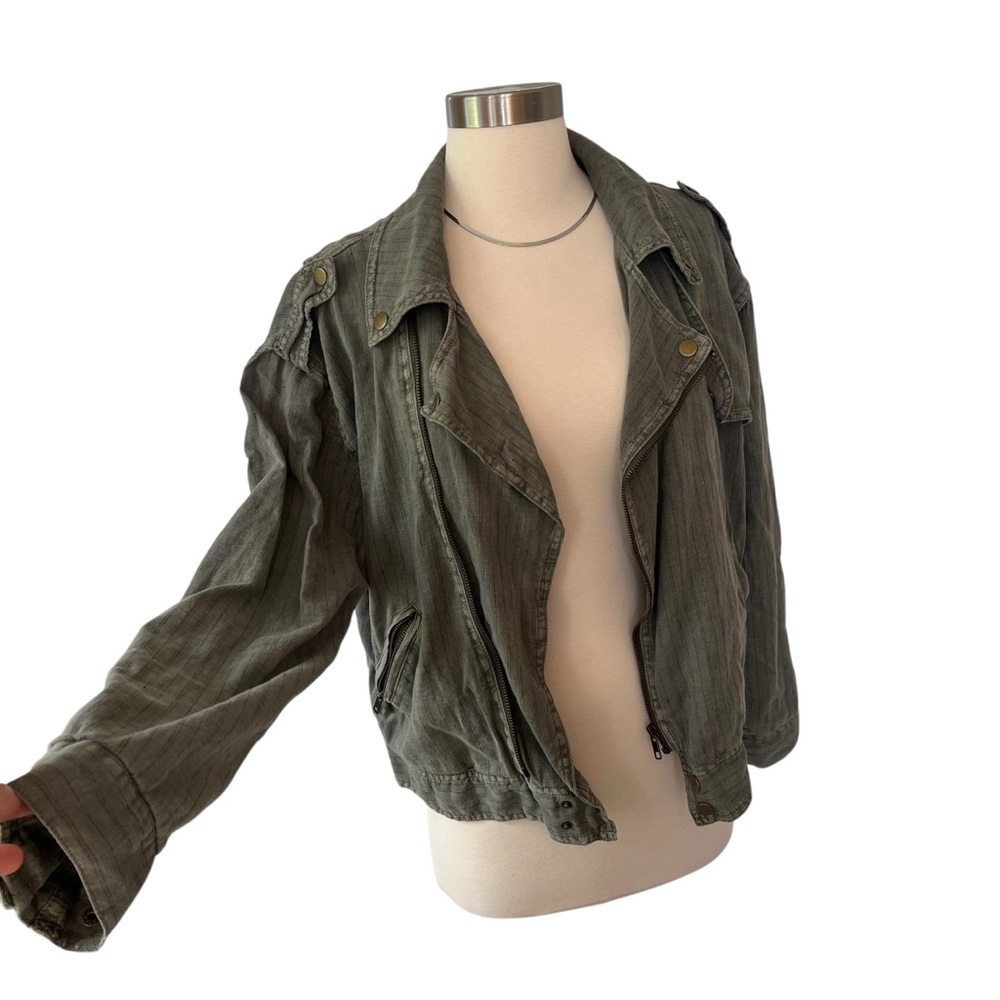 Free People lightweight striped olive moto jacket linen/cotton XS